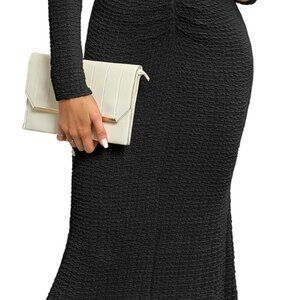 Womens 2025 Fall Winter Bodycon Maxi Dress Casual Long Sleeve Ruched V Neck Text